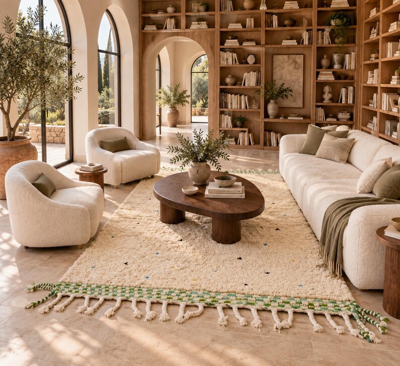 Handwoven Moroccan Wool Rug – Minimalist Berber Design, Green Border ...