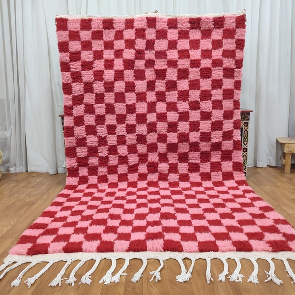 Large pink and red checkered rug, Moroccan Berber checkered rug, Checkered area rug -Checkerboard Rug -beniourain rug, Soft Colored Rug