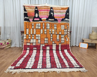 Vintage Moroccan Boujad Wool Rug, Handwoven Berber Carpet, Colorful Boho Interior Decor