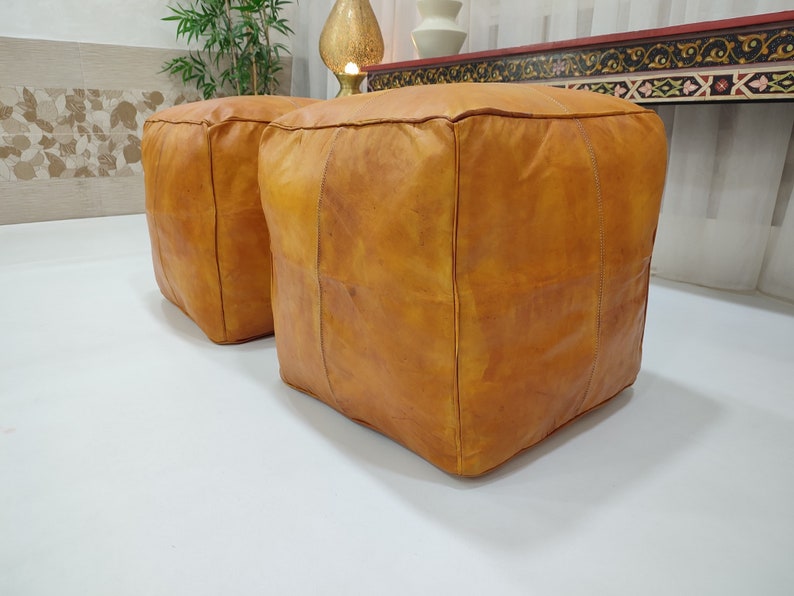 Handmade Tan Leather Moroccan Ottoman Pouf - Thumbnail 3