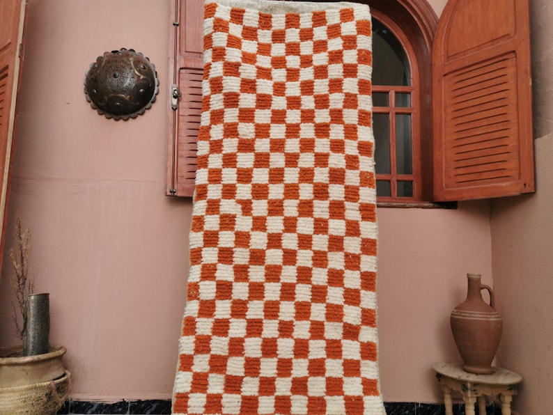 Custom Orange and white checker rug, Moroccan Berber checkered rug Checkerboard Runner Checkered Runner Free shipping image 9