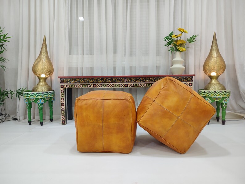 Handmade Tan Leather Moroccan Ottoman Pouf - Thumbnail 5