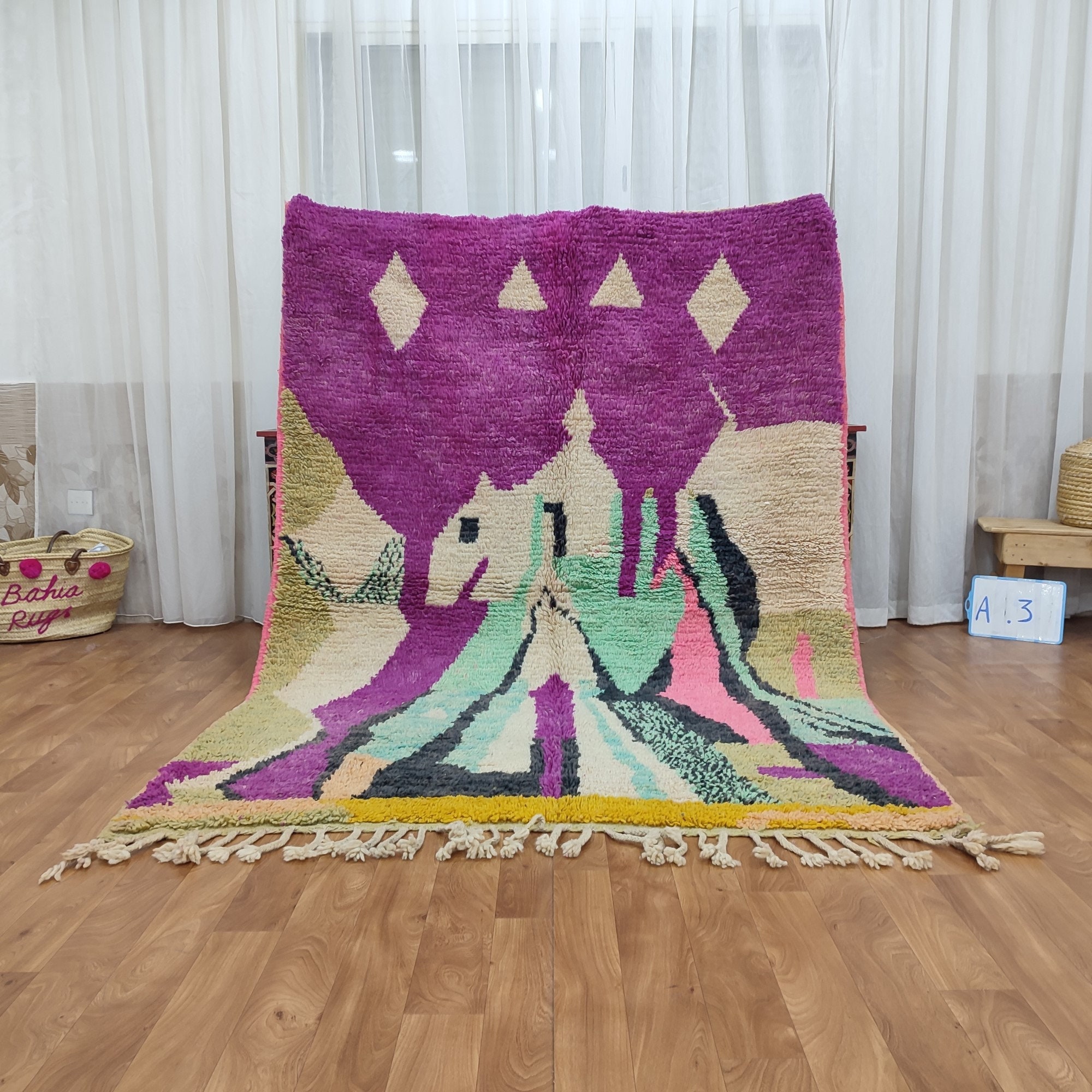 モロッコ製ヴィンテージラグ104ターコイズ パープル ピンク H.P. DECO