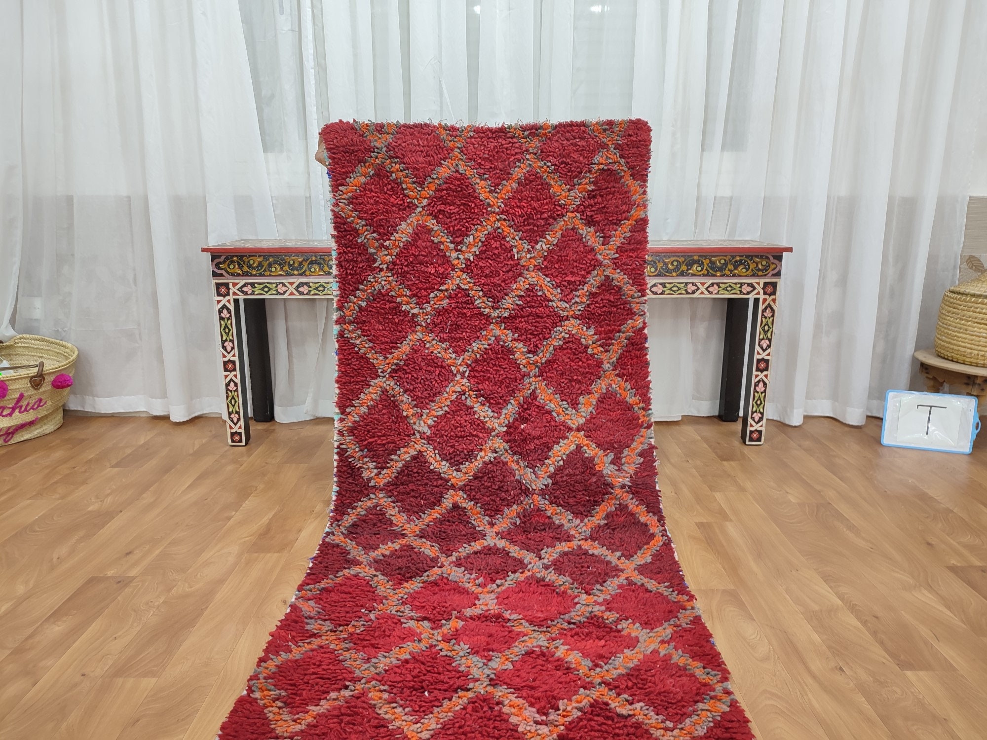 ヴィンテージベルベルラグ - 赤とオレンジのチェック柄ウールモロッコ