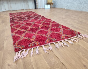 ヴィンテージベルベルラグ - 赤とオレンジのチェック柄ウールモロッコ