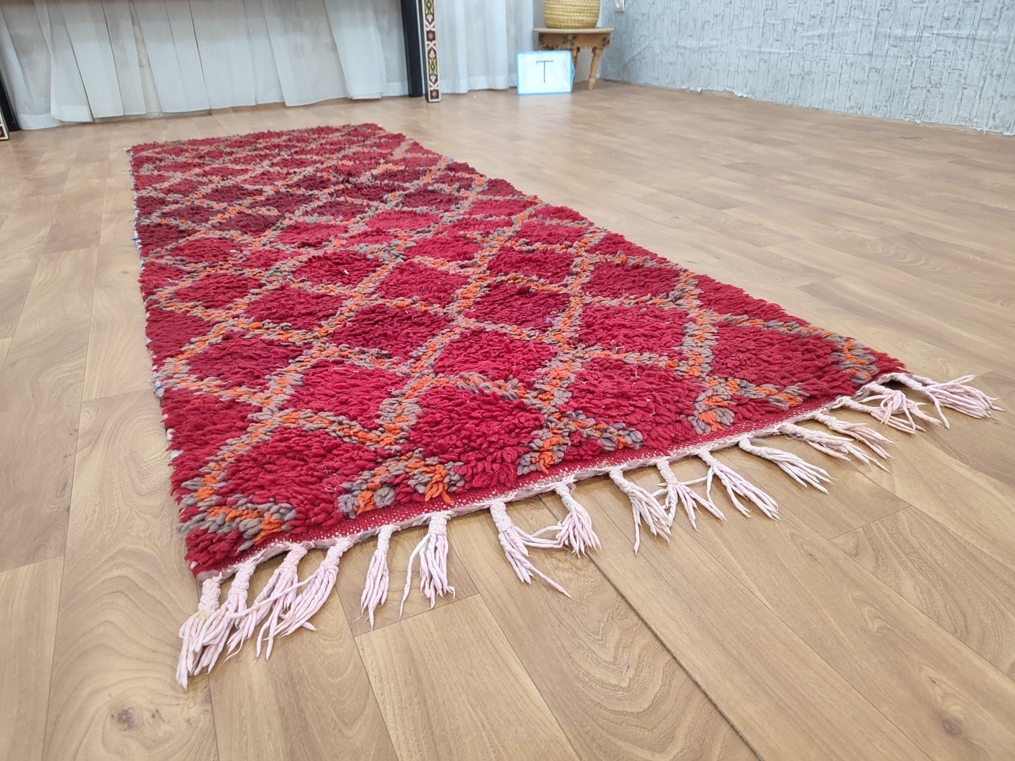 モロッコ ヴィンテージ ラグ レッド×オレンジ 169×116cm チェック柄 モロッコ ヴィンテージ ラグ レッド×オレンジ 169×116cm チェック柄