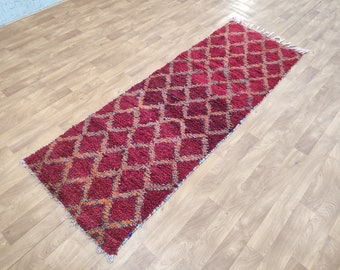 ヴィンテージベルベルラグ - 赤とオレンジのチェック柄ウールモロッコ