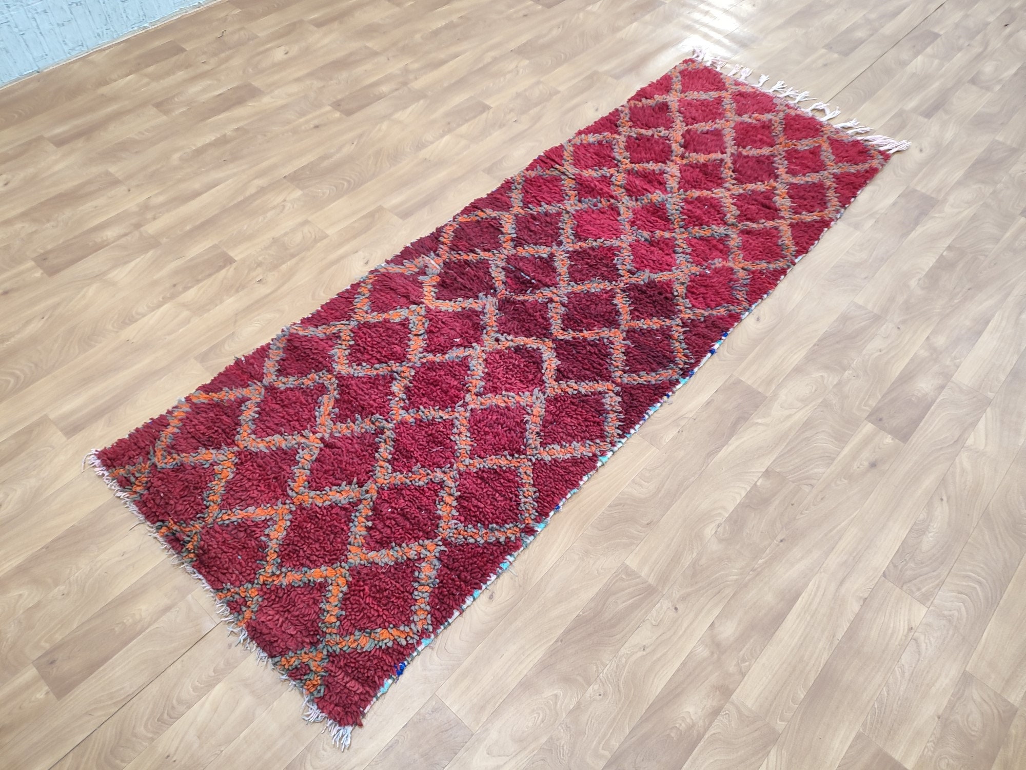 モロッコ ヴィンテージ ラグ レッド×オレンジ 169×116cm チェック柄 モロッコ ヴィンテージ ラグ レッド×オレンジ 169×116cm チェック柄