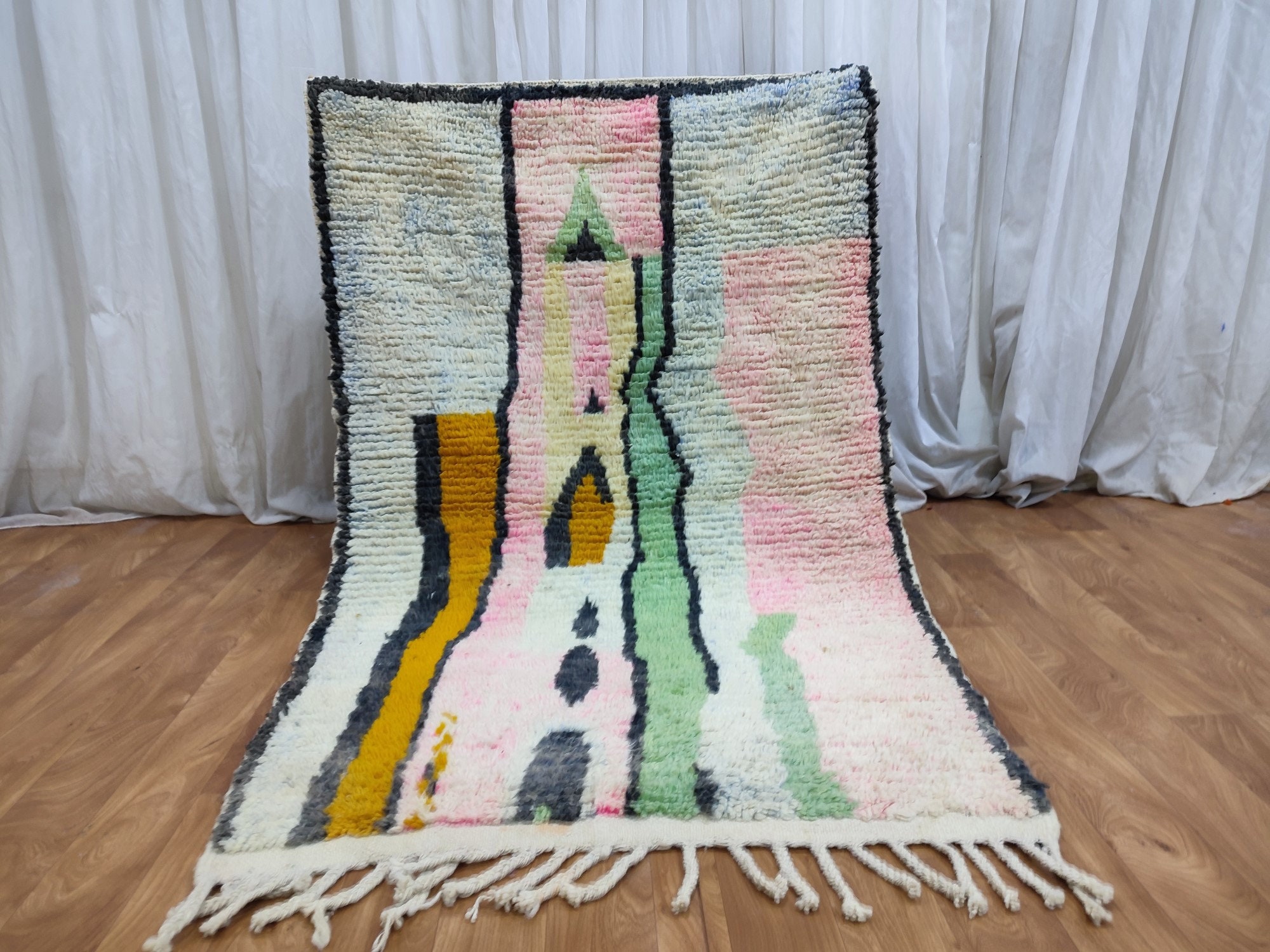 【新品／モロッコ直輸入】ハンベルラグ 手織りウール ハンドメイドウールベルベルラグ - グリーンアブストラクトブー