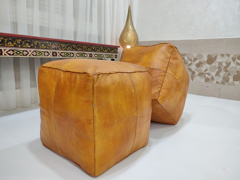 Handmade Tan Leather Moroccan Ottoman Pouf - Thumbnail 4