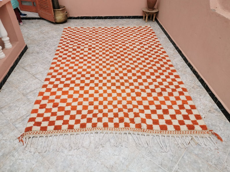 Custom Orange and white checker rug, Moroccan Berber checkered rug Checkerboard Runner Checkered Runner Free shipping image 3