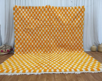 手織りウールキリムラグ 63×96cm マスタードイエロー×オフホワイト 新品 ウール ラグ 黄色 手織りモロッコウールラグ 鮮やかなゴールデン