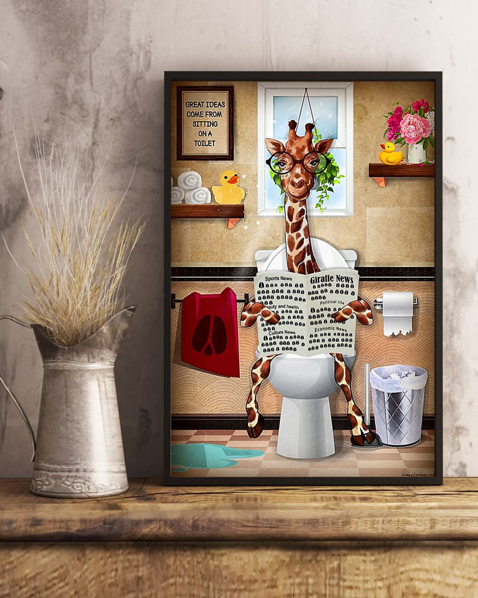 Cute Giraffe Animal Sitting On A Toilet Home Decor Wall Art Etsy