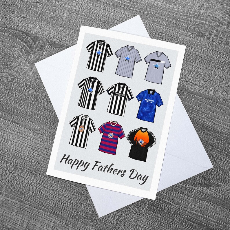 May include: A white card with a Happy Father's Day message and a collage of nine different football jerseys. The jerseys are in various colors, including black, white, blue, and red. Some of the jerseys have a star design.