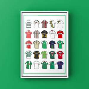 Op de afbeelding: Een ingelijst afdruk van 24 verschillende voetbalshirts, elk met een uniek ontwerp en kleurenschema. De shirts zijn gerangschikt in een rasterpatroon, waarbij elk shirt een andere sponsor of logo heeft. De shirts zijn allemaal van hetzelfde team, en de afdruk is een geweldige manier om je teamtrots te tonen.