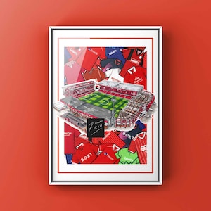 May include: Framed art print featuring a detailed illustration of a soccer stadium with a green field and red seating. The artwork includes red jerseys and the text "BOXT" and "FIRTH". The print is set against a red background.