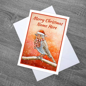 Weihnachtsrotkehlchen mit Schal-Kunstwerk-Karte personalisiert - mit Umschlag
