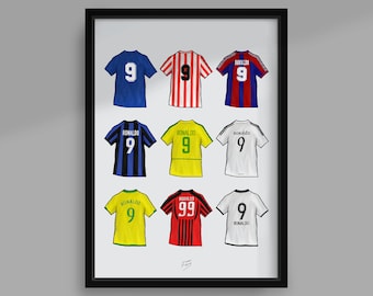 Ronaldo R9 Camisetas Hechas a Mano De Fútbol Ilustrado A4 Cartel Impreso