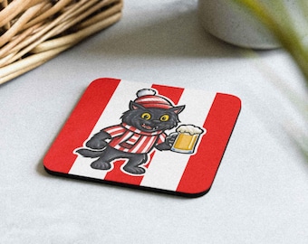 Posavasos sublimado a mano con diseño de gato con rayas rojas y blancas inspirado en dibujos animados
