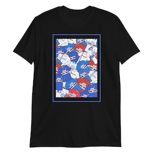 May include: A black t-shirt with a graphic of a collage of blue, white, and red soccer jerseys with the text "ERG" on them.
