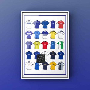 May include: A framed print featuring a collection of illustrated soccer jerseys. The jerseys are in various colors, including blue, red, yellow, and white, with different designs. The print is set against a blue background.