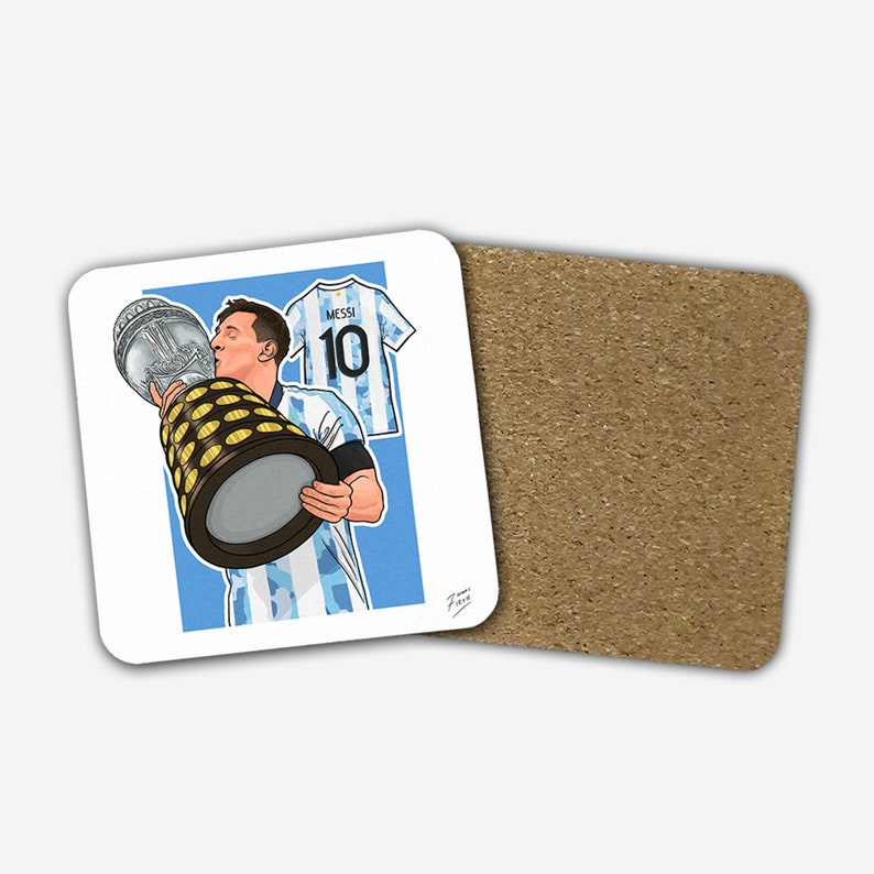 May include: A cartoon illustration of a soccer player kissing a silver trophy. The player is wearing a light blue and white striped jersey with the number 10 and the name "MESSI" on the back. The background is light blue.