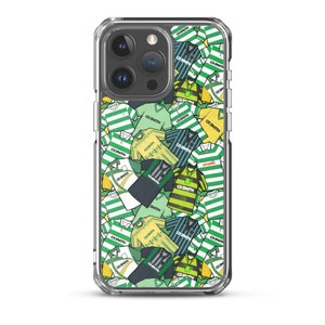 May include: Clear phone case featuring a repeating pattern of green and white striped jerseys, along with other jerseys in various shades of green and yellow. The jerseys have the text "CR SMITH" on them.