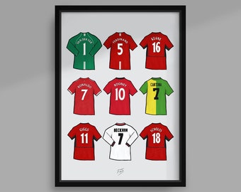 M United Legends-shirts handgemaakte geïllustreerde voetbalposterprint
