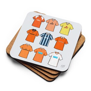 May include: A set of nine orange and white coasters featuring a collection of vintage football shirts with different sponsors, including Carling,  Wonga, and  menco.