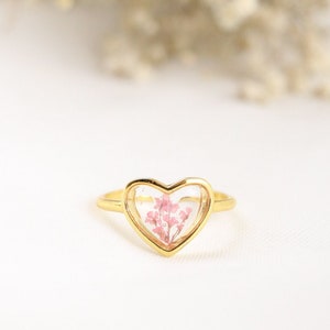 The Cora Botanical heart ring, Adjustable sterling silver ring, 24k Gold plated ring, Pink lace wildflower ring, Resin statement ring image 1