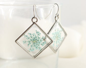 Turquoise Pressed Wildflower Square Resin Earrings, Botanical Dried Flower Earrings, Holiday Gift For Her