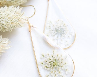 The White Spark | Real Flower Clear Earrings | Botanical Earrings | White Flower Earrings | Resin Flower Earrings