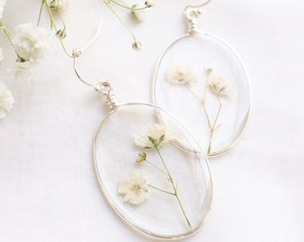 Pressed Baby's Breath Flower Earrings, Real Wildflower Silver Oval Resin Earrings, Dainty Elegant Botanical Earrings, Gift For Her