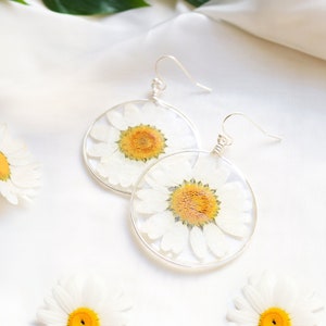 Earrings Pressed White Daisy Flowers, Silver Circle Dangle Real Flower Earrings, Botanical Resin Wildflower Earrings, Gift For Her image 1