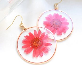 Red Daisy Flower Circle Earrings, Pressed Red Wildflower Resin Earrings, Botanical Gift For Women