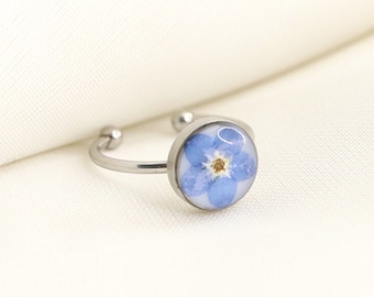Forget Me Not Wildflower Resin Ring, Adjustable Blue Pressed Flower Silver Ring, Blue Blossom Botanical Ring Christmas Gift For Her