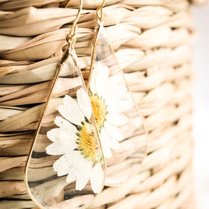 May include: A pair of gold teardrop-shaped earrings with a pressed white daisy flower inside each earring.
