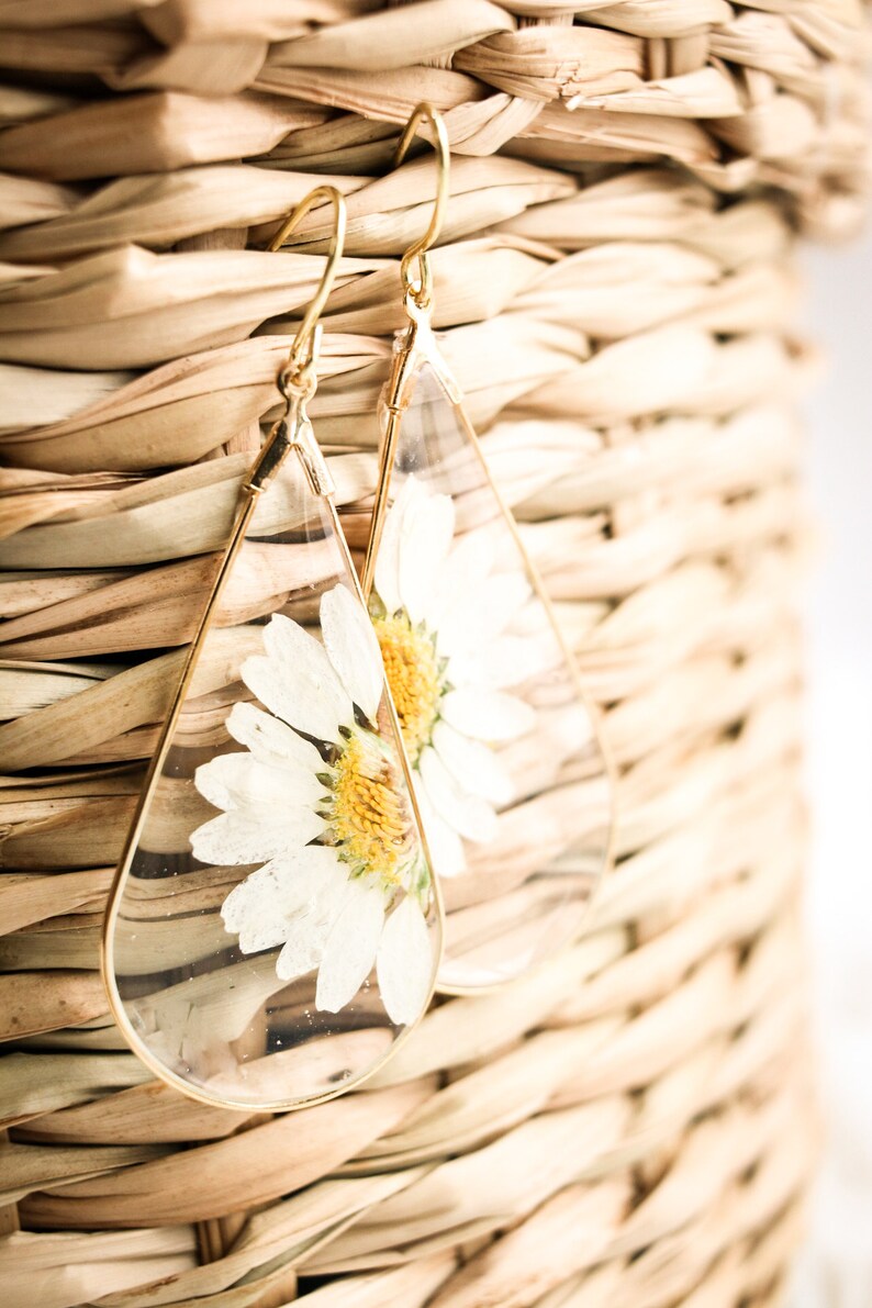 May include: A pair of gold teardrop-shaped earrings with a pressed white daisy flower inside each earring.