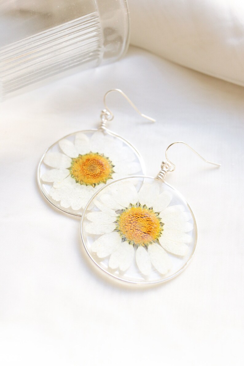 Earrings Pressed White Daisy Flowers, Silver Circle Dangle Real Flower Earrings, Botanical Resin Wildflower Earrings, Gift For Her image 2