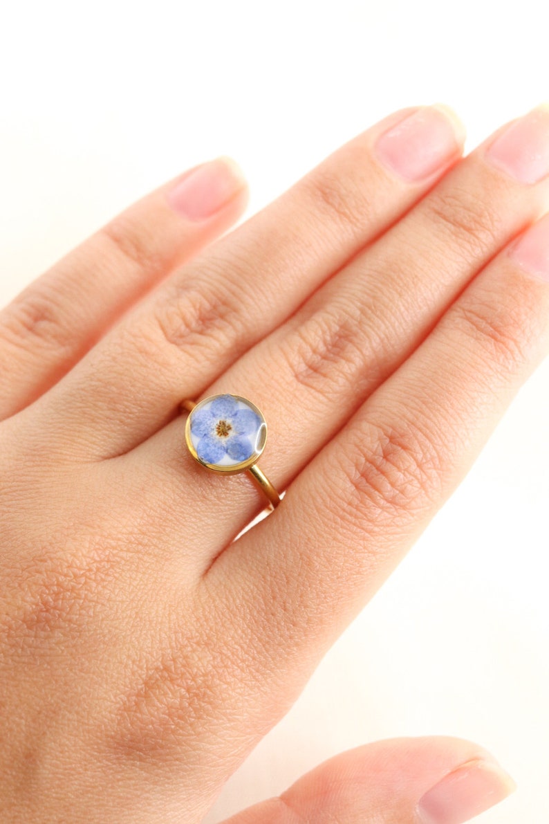 Forget Me Not Wildflower Resin Ring, Adjustable Blue Pressed Flower Ring, Blue Blossom Botanical Ring Christmas Gift For Her image 4