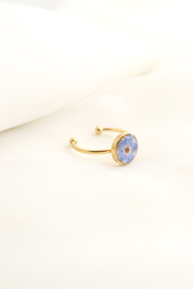 Forget Me Not Wildflower Resin Ring, Adjustable Blue Pressed Flower Ring, Blue Blossom Botanical Ring Christmas Gift For Her image 1