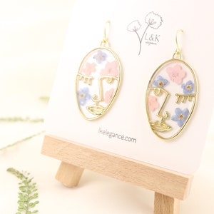 Cotton Candy Girl Pressed flower earrings, Pink and blue flower earrings, Face earrings, Wildflower earrings, Forget-me-not earrings image 3