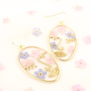 Cotton Candy Girl Pressed flower earrings, Pink and blue flower earrings, Face earrings, Wildflower earrings, Forget-me-not earrings image 5