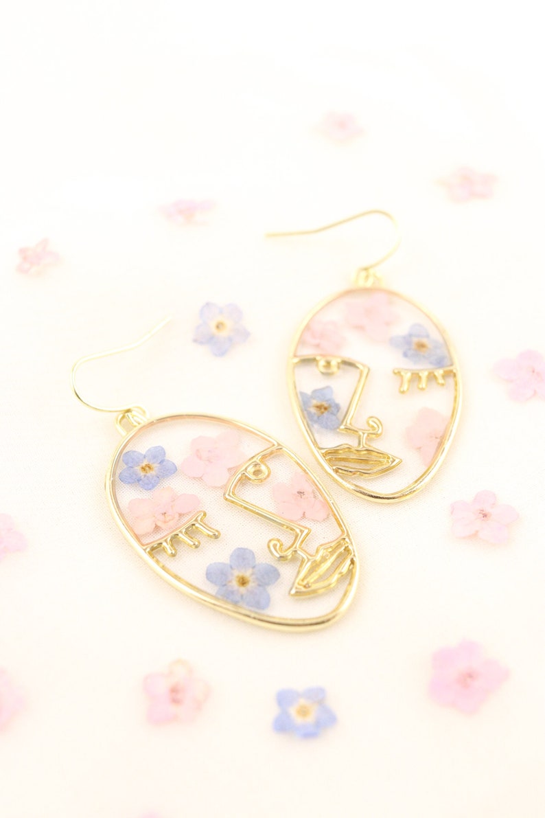 Cotton Candy Girl Pressed flower earrings, Pink and blue flower earrings, Face earrings, Wildflower earrings, Forget-me-not earrings image 5