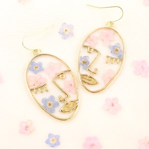 Cotton Candy Girl Pressed flower earrings, Pink and blue flower earrings, Face earrings, Wildflower earrings, Forget-me-not earrings image 1