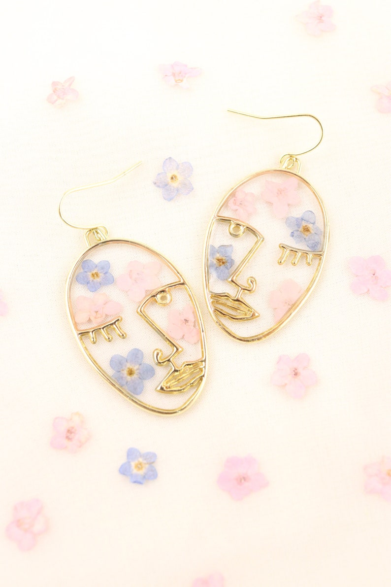 Cotton Candy Girl Pressed flower earrings, Pink and blue flower earrings, Face earrings, Wildflower earrings, Forget-me-not earrings image 1