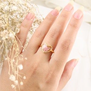 The Cora Botanical heart ring, Adjustable sterling silver ring, 24k Gold plated ring, Pink lace wildflower ring, Resin statement ring image 4