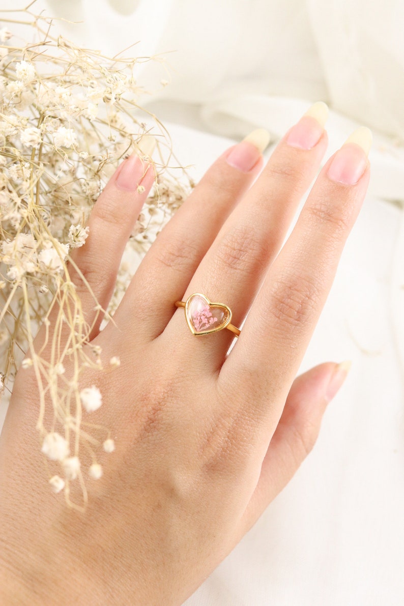 The Cora Botanical heart ring, Adjustable sterling silver ring, 24k Gold plated ring, Pink lace wildflower ring, Resin statement ring image 4