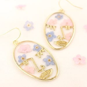 Cotton Candy Girl Pressed flower earrings, Pink and blue flower earrings, Face earrings, Wildflower earrings, Forget-me-not earrings image 2