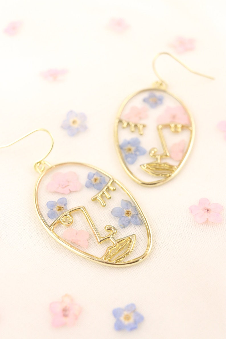 Cotton Candy Girl Pressed flower earrings, Pink and blue flower earrings, Face earrings, Wildflower earrings, Forget-me-not earrings image 2